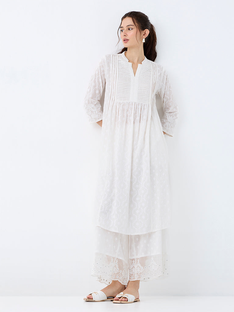Utsa White Floral Printed Cotton Empire-Line Kurta