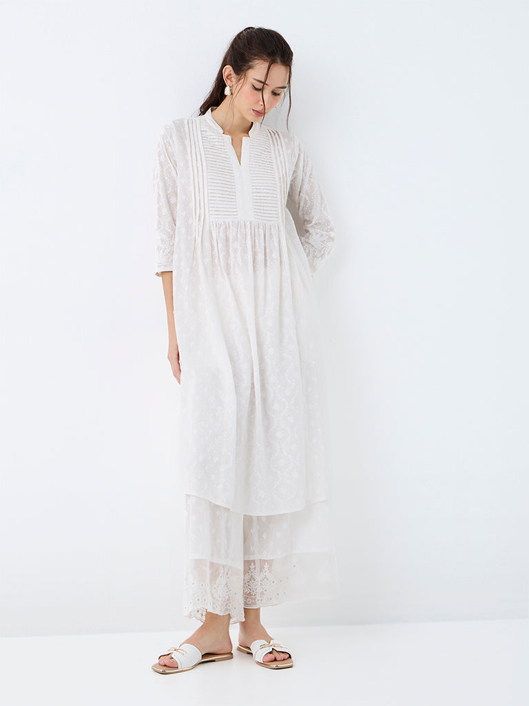 Utsa White Floral Printed Cotton Empire-Line Kurta