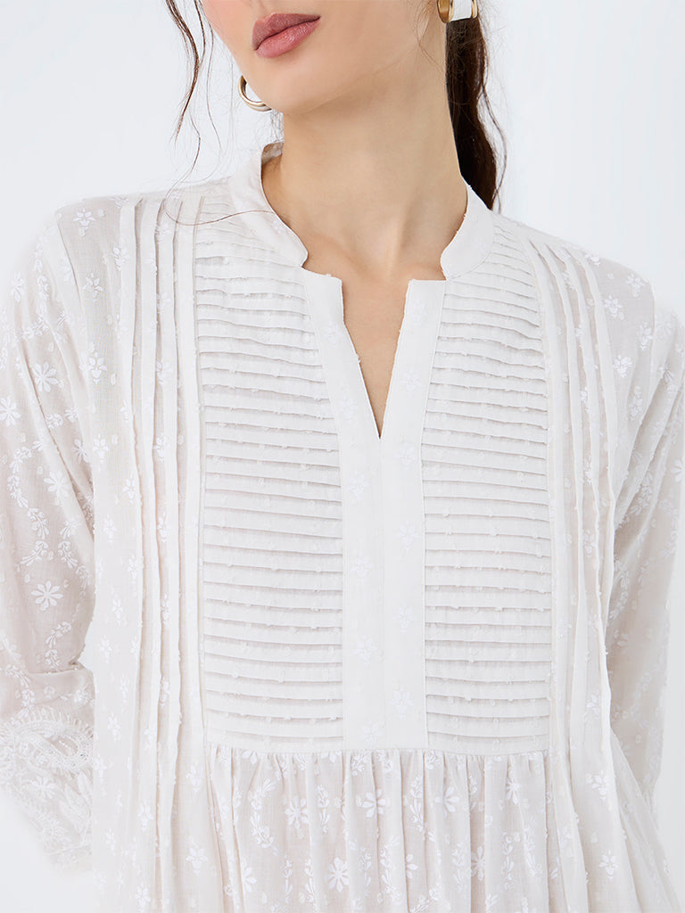 Utsa White Floral Printed Cotton Empire-Line Kurta