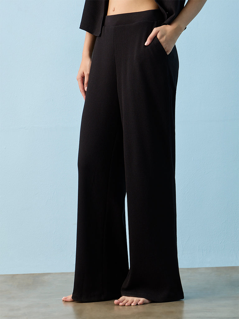 Superstar Black Waffle-Textured Wide-Leg High-Rise Pants