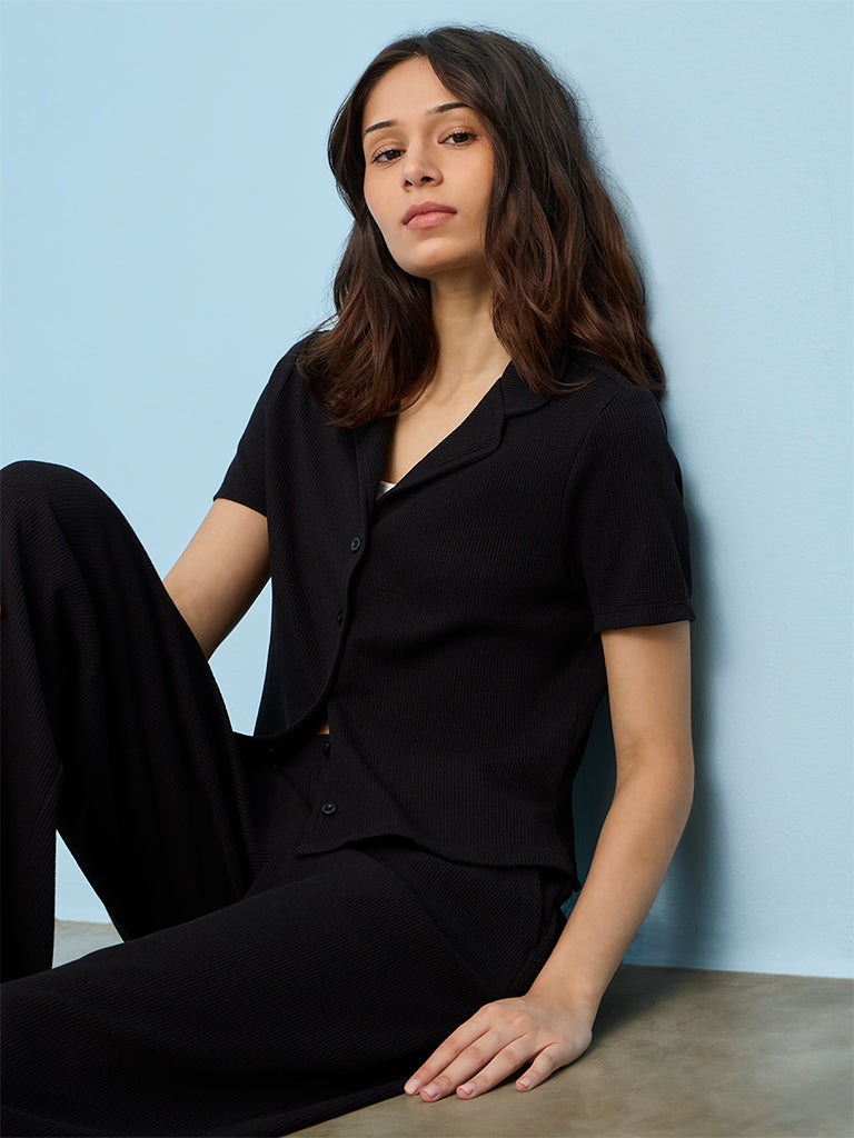 Superstar Black Waffle-Textured Top