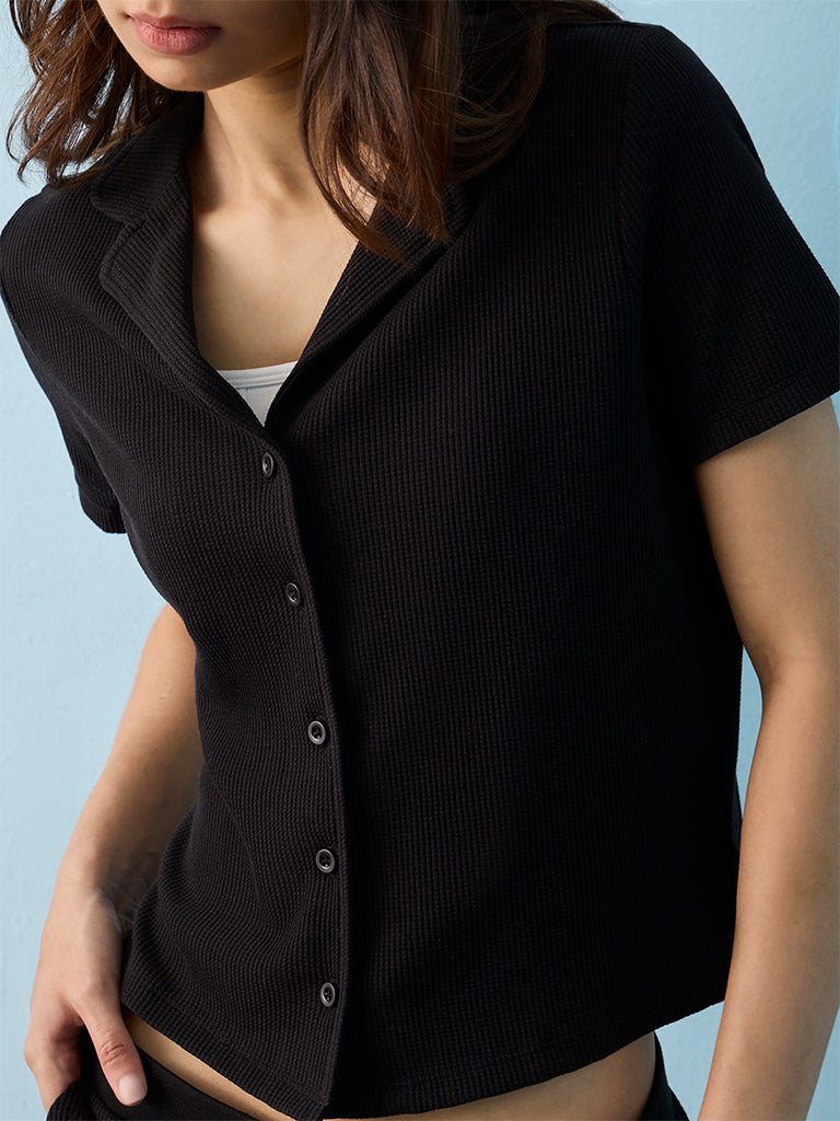 Superstar Black Waffle-Textured Top