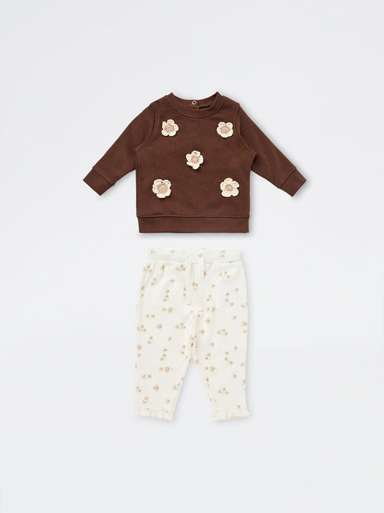 HOP Baby Girls Dark Brown Floral Cotton-Blend Sweatshirt and Pants Set