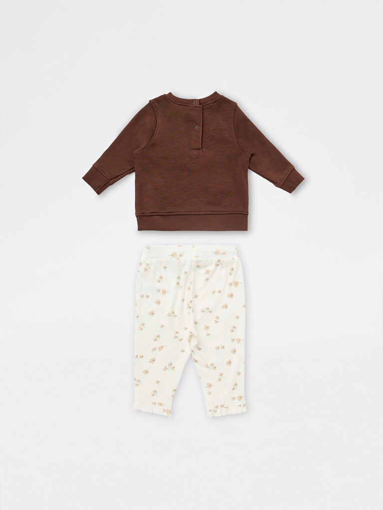 HOP Baby Girls Dark Brown Floral Cotton-Blend Sweatshirt and Pants Set