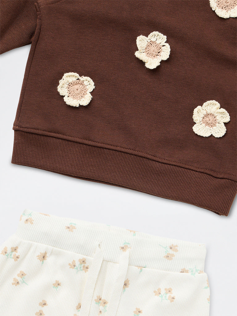 HOP Baby Girls Dark Brown Floral Cotton-Blend Sweatshirt and Pants Set