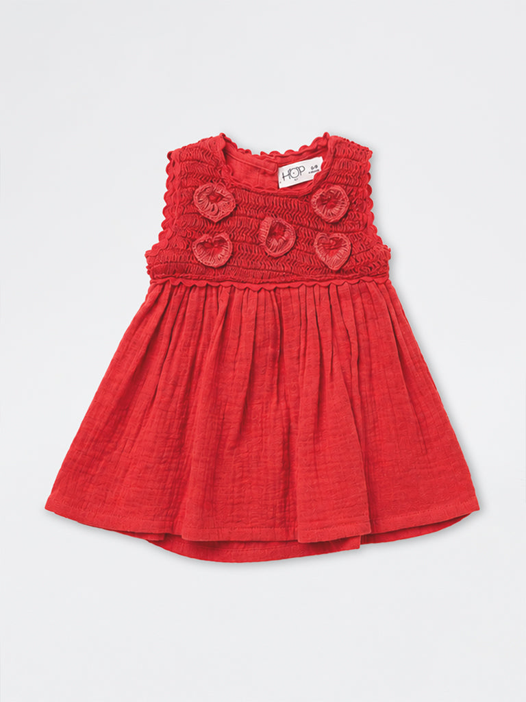 HOP Baby Girls Red Crochet Detailed Cotton A-Line Dress