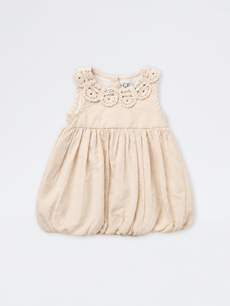 HOP Baby Girls Beige Checkered Cotton-Blend Bubble Dress