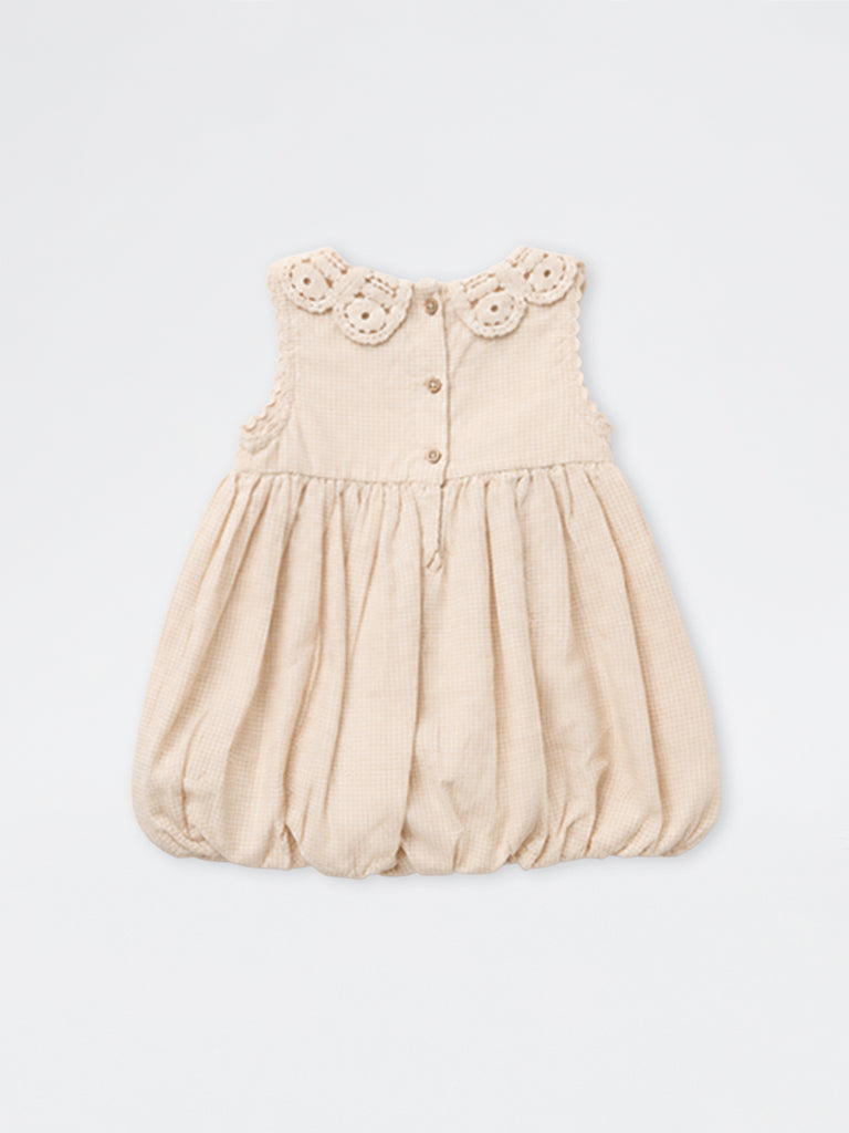 HOP Baby Girls Beige Checkered Cotton-Blend Bubble Dress