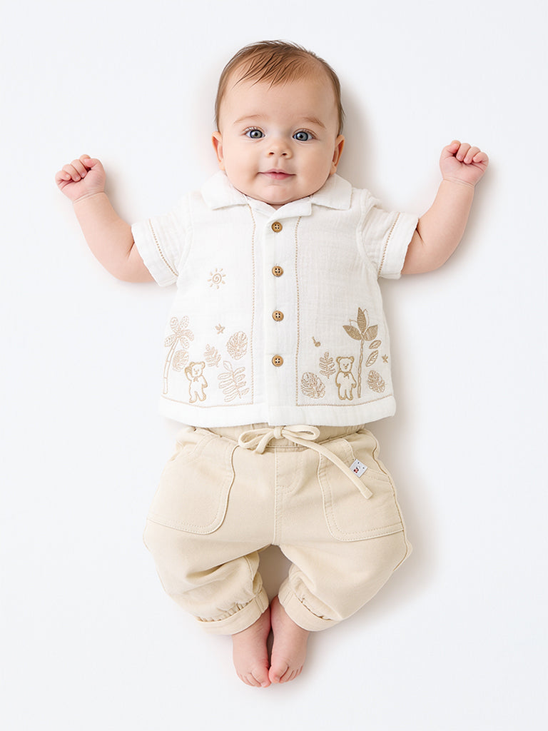 HOP Baby Boys Beige Embroidered Cotton Shirt and Pant Set