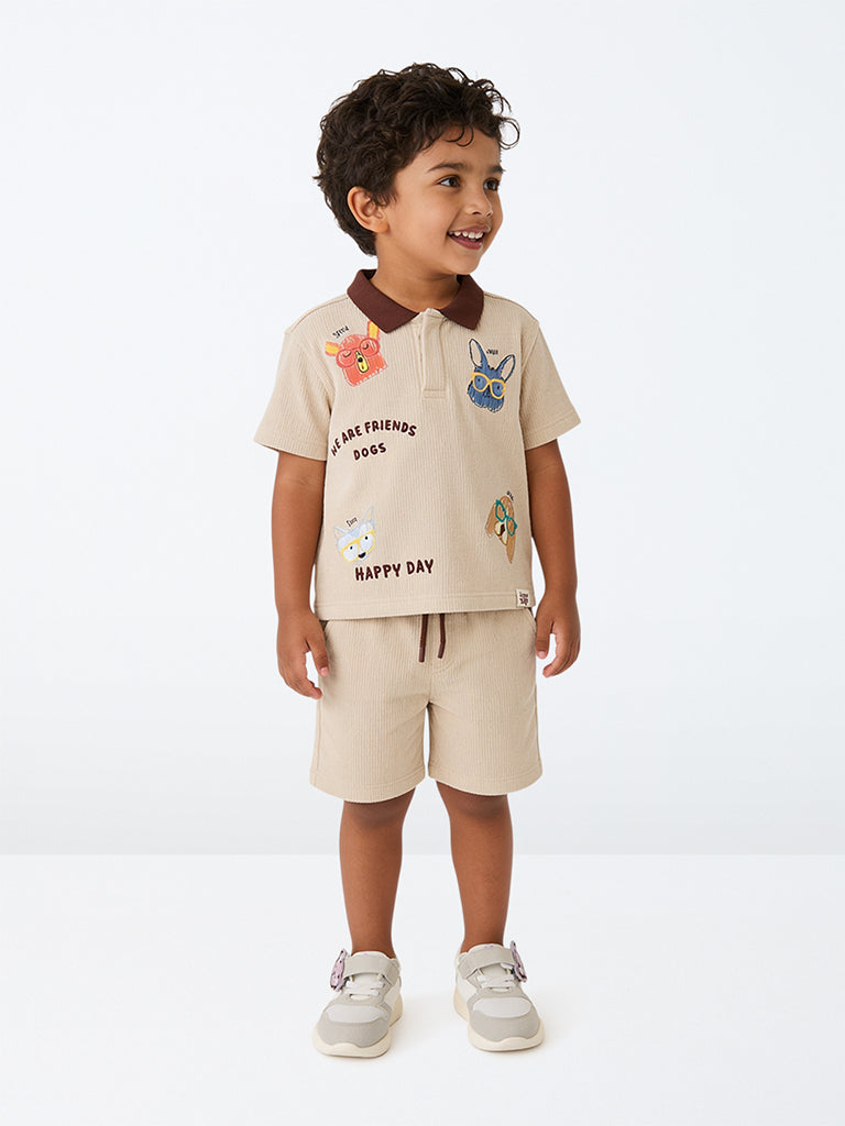HOP Kids Boys Taupe Animal Printed Cotton T-Shirt and Shorts Set