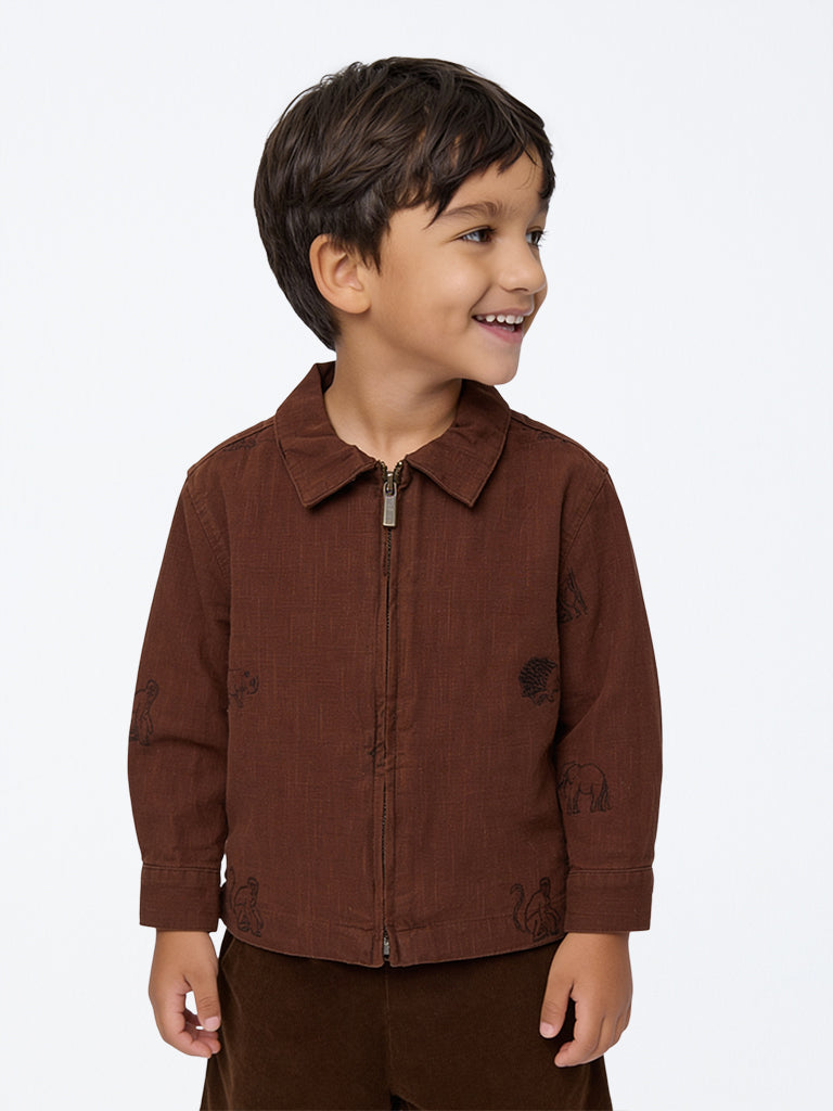 HOP Kids Boys Brown Animal Embroidered Cotton Jacket