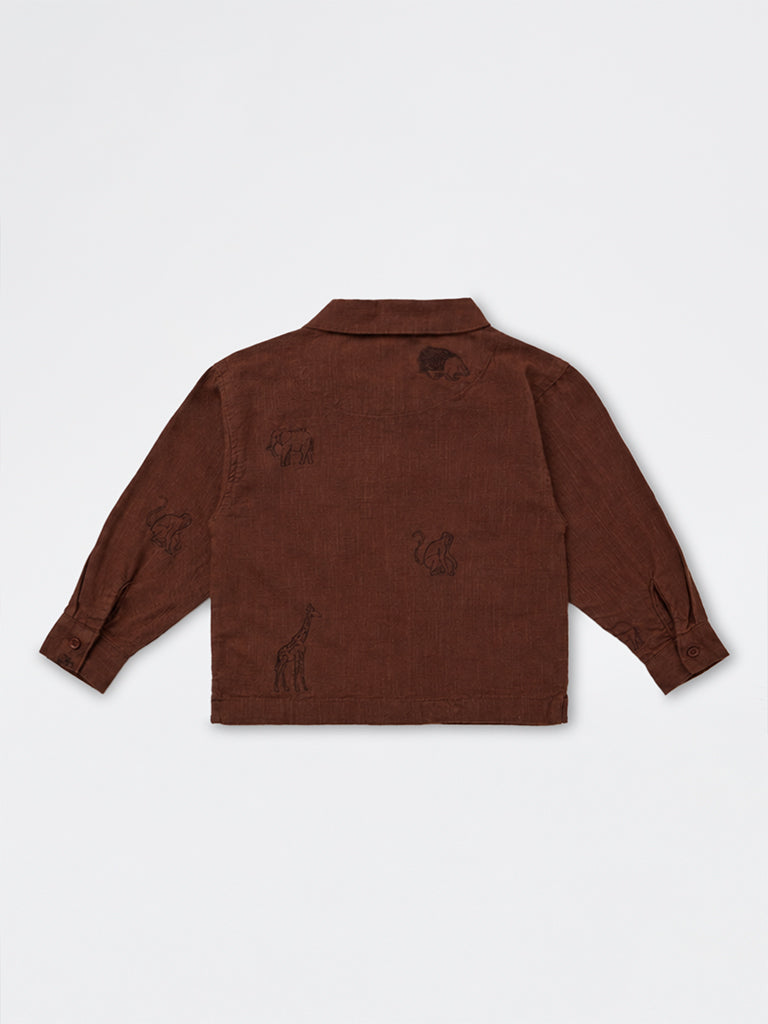 HOP Kids Boys Brown Animal Embroidered Cotton Jacket