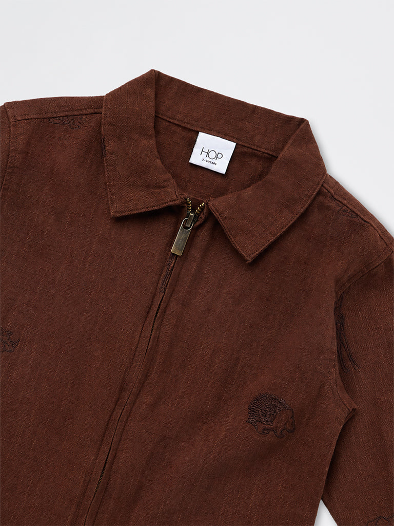 HOP Kids Boys Brown Animal Embroidered Cotton Jacket