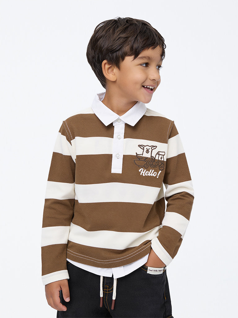 HOP Kids Boys Brown Striped Cotton T-Shirt