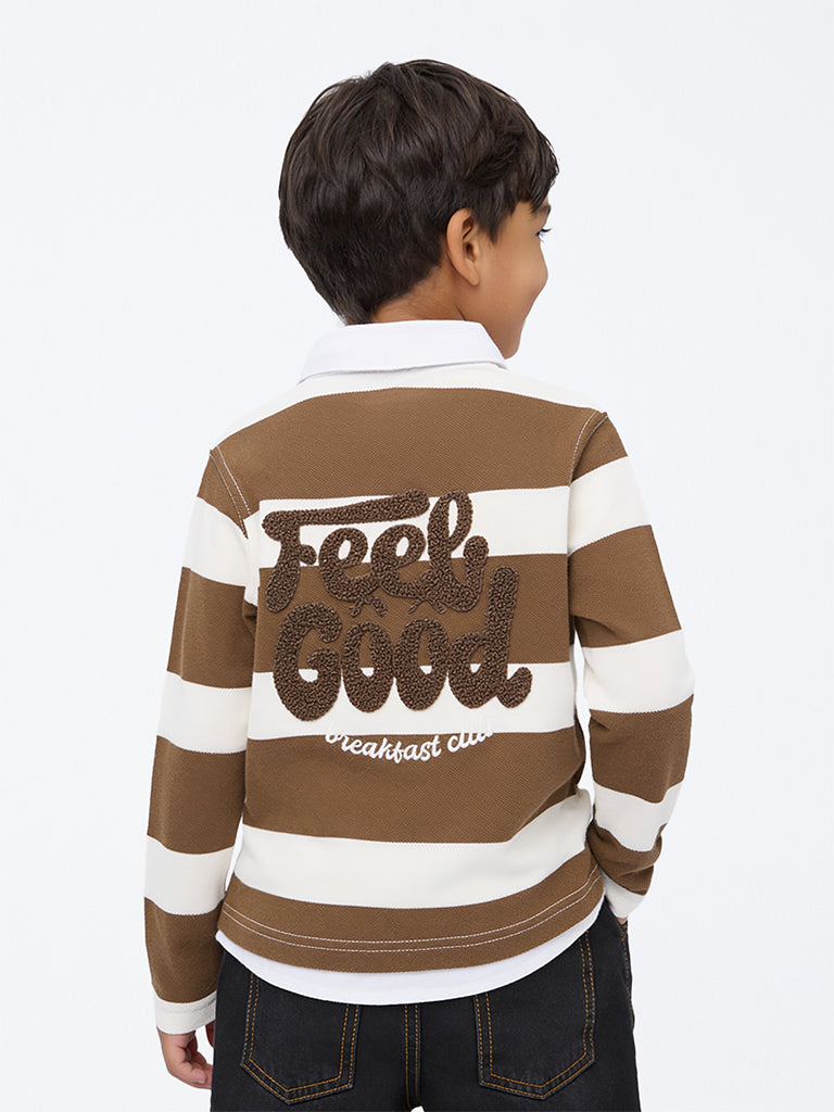 HOP Kids Boys Brown Striped Cotton T-Shirt