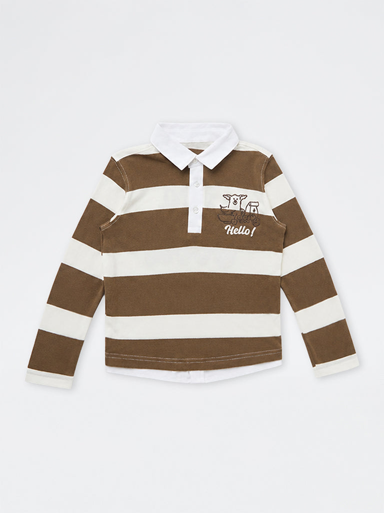 HOP Kids Boys Brown Striped Cotton T-Shirt
