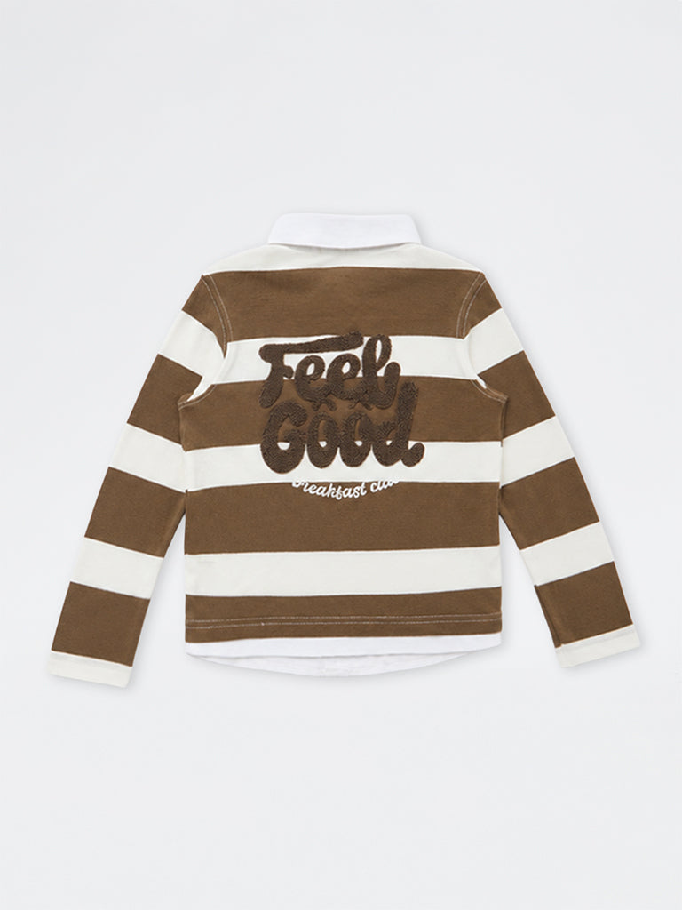 HOP Kids Boys Brown Striped Cotton T-Shirt