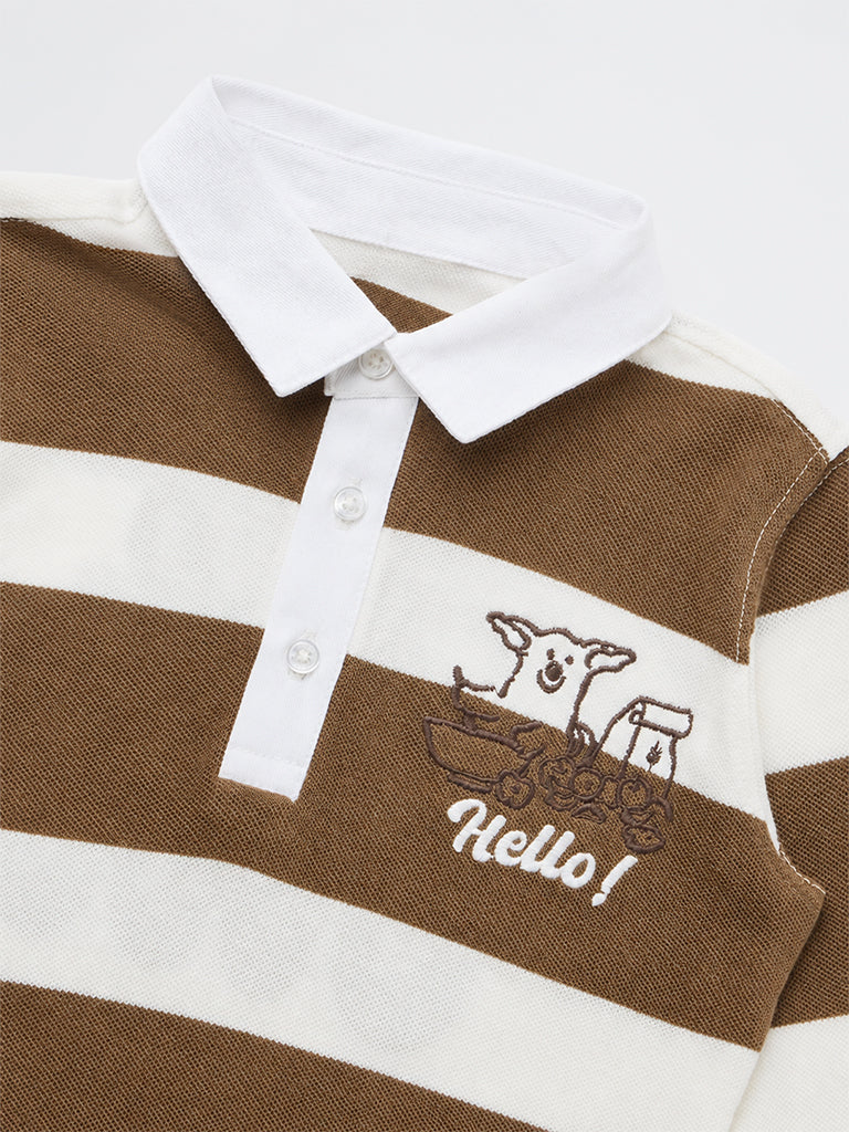 HOP Kids Boys Brown Striped Cotton T-Shirt