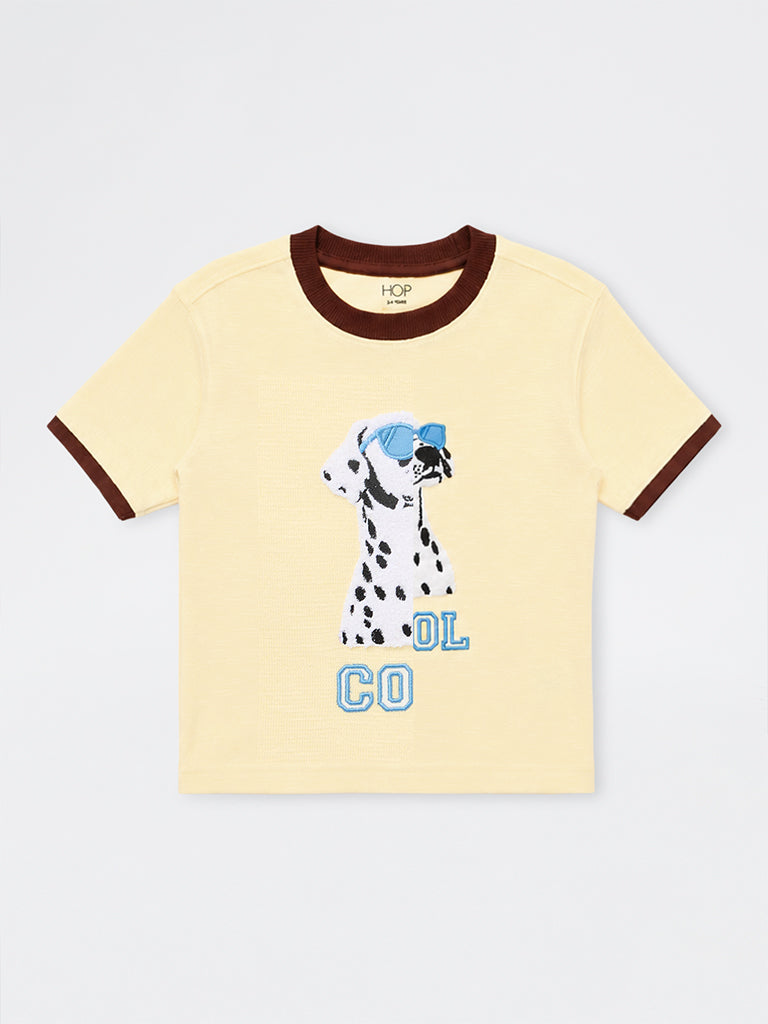 HOP Kids Boys Yellow Dog Embroidered Cotton T-Shirt