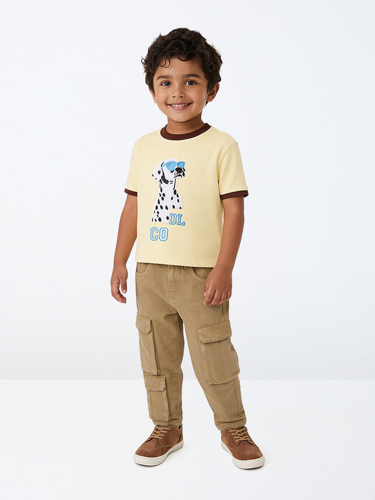 HOP Kids Boys Yellow Dog Embroidered Cotton T-Shirt