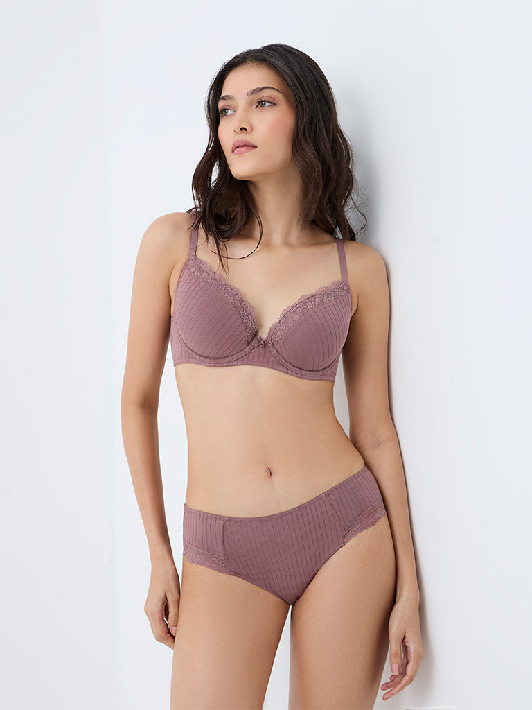 Wunderlove Dusty Mauve Self-Striped Cotton-Blend Hipster Briefs