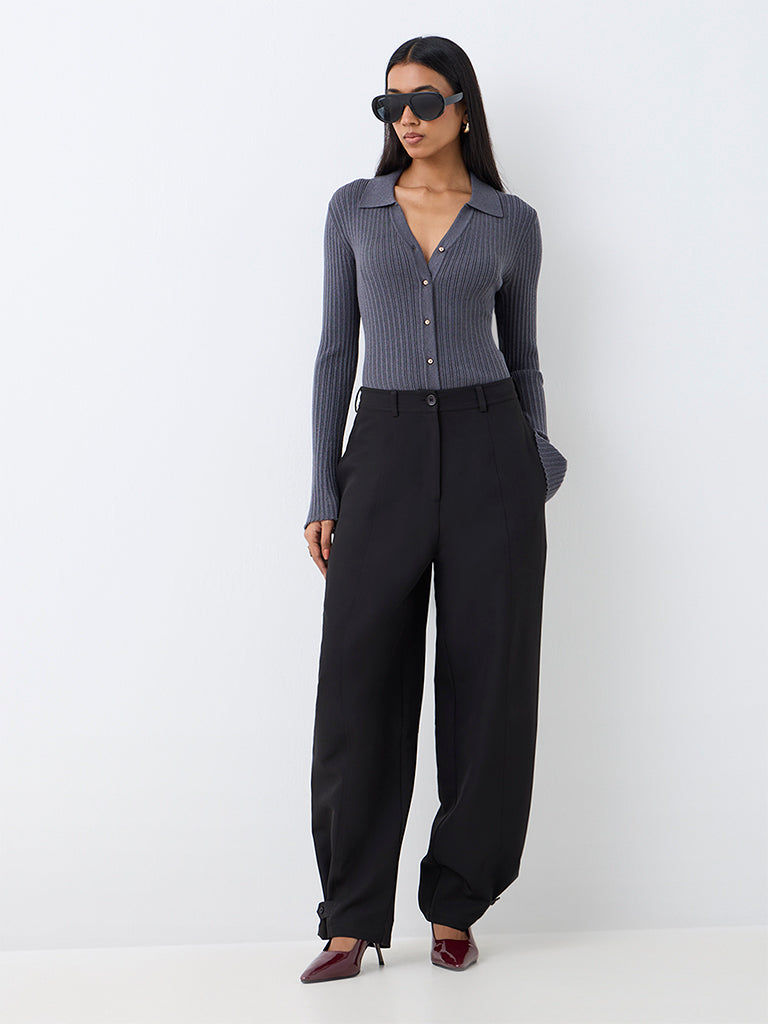 Wardrobe Dark Grey Ribbed-Knit Cardigan