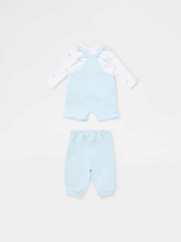 HOP Baby Boys Blue Printed Cotton Dungaree with T-Shirt and Joggers Set