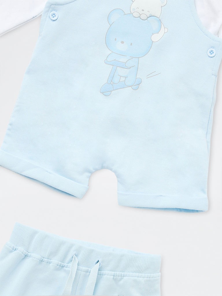 HOP Baby Boys Blue Printed Cotton Dungaree with T-Shirt and Joggers Set