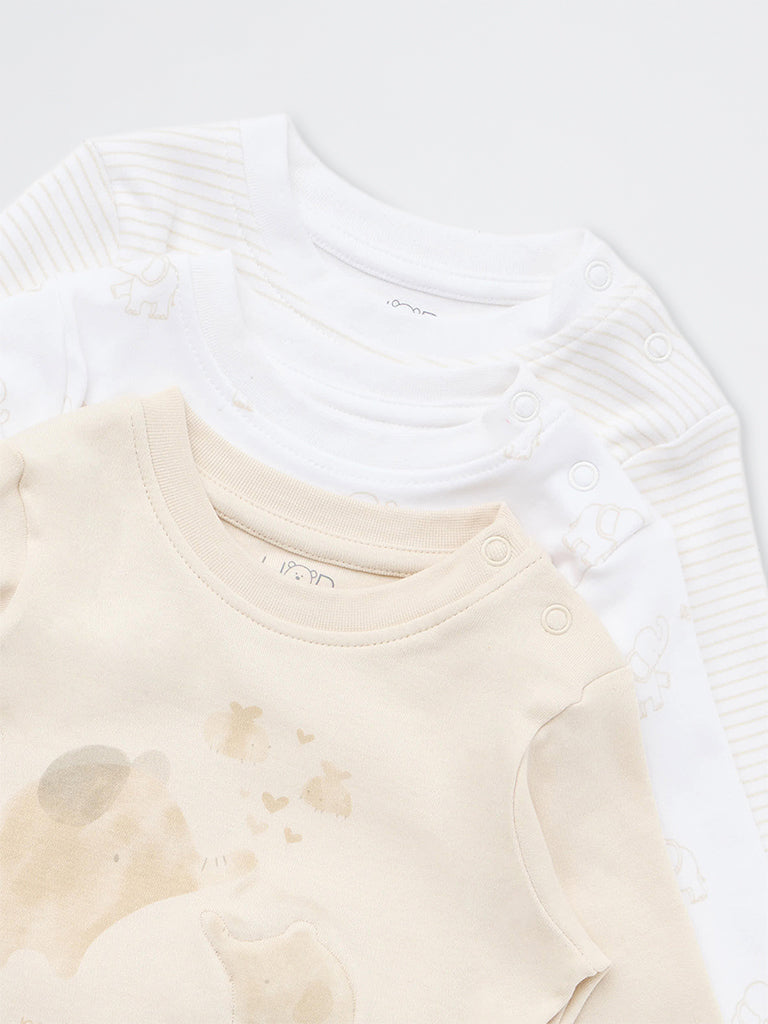 HOP Baby Boys Beige Animal Printed Cotton T-Shirts - Pack of 3