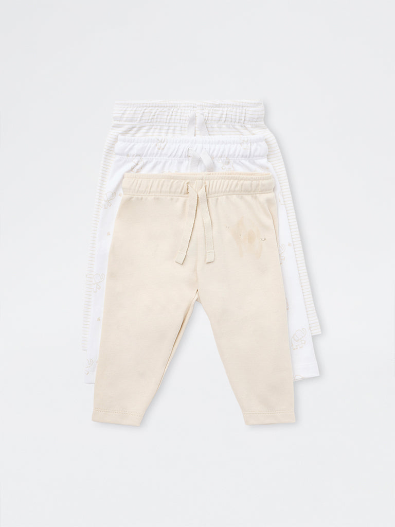 HOP Baby Boys Beige Animal Pattern Mid-Rise Cotton Pants - Pack of 3
