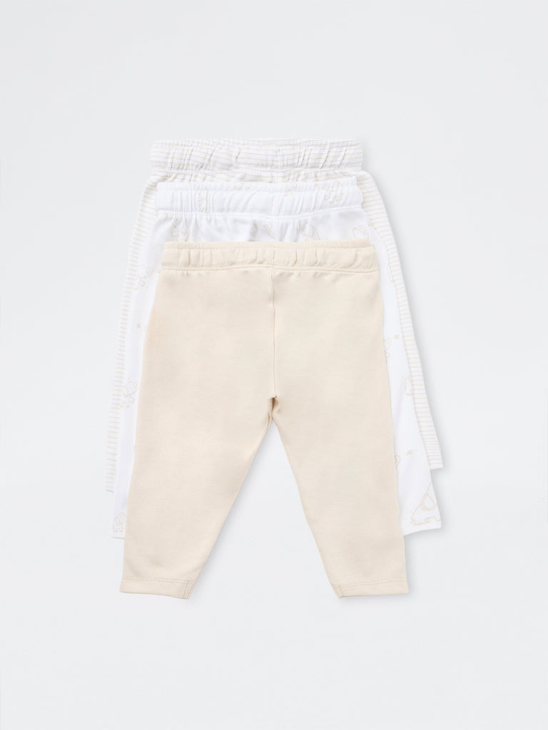 HOP Baby Boys Beige Animal Pattern Mid-Rise Cotton Pants - Pack of 3