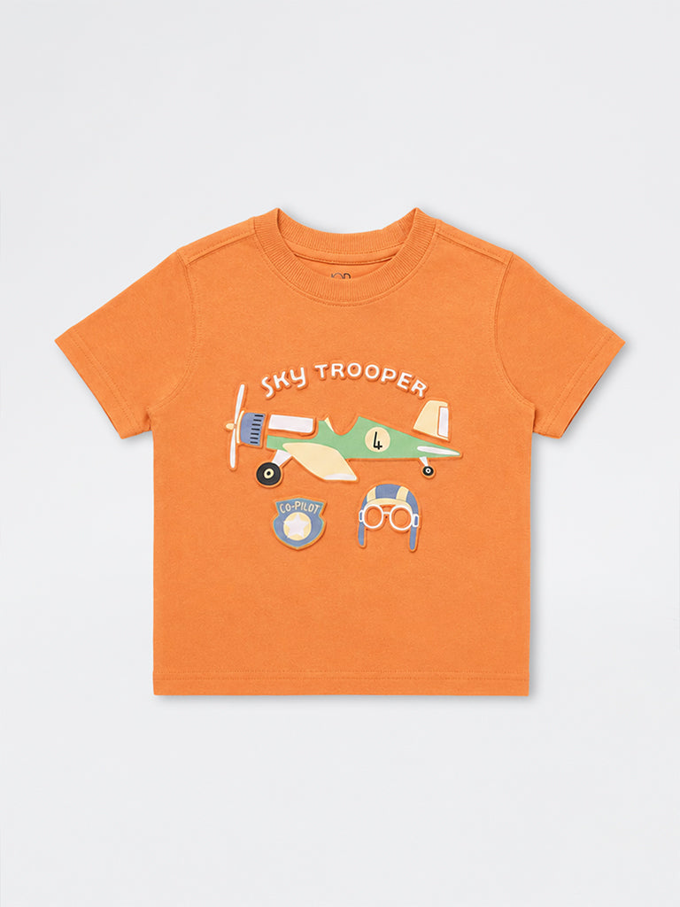 HOP Kids Boys Orange Aviation-Themed Cotton T-Shirt