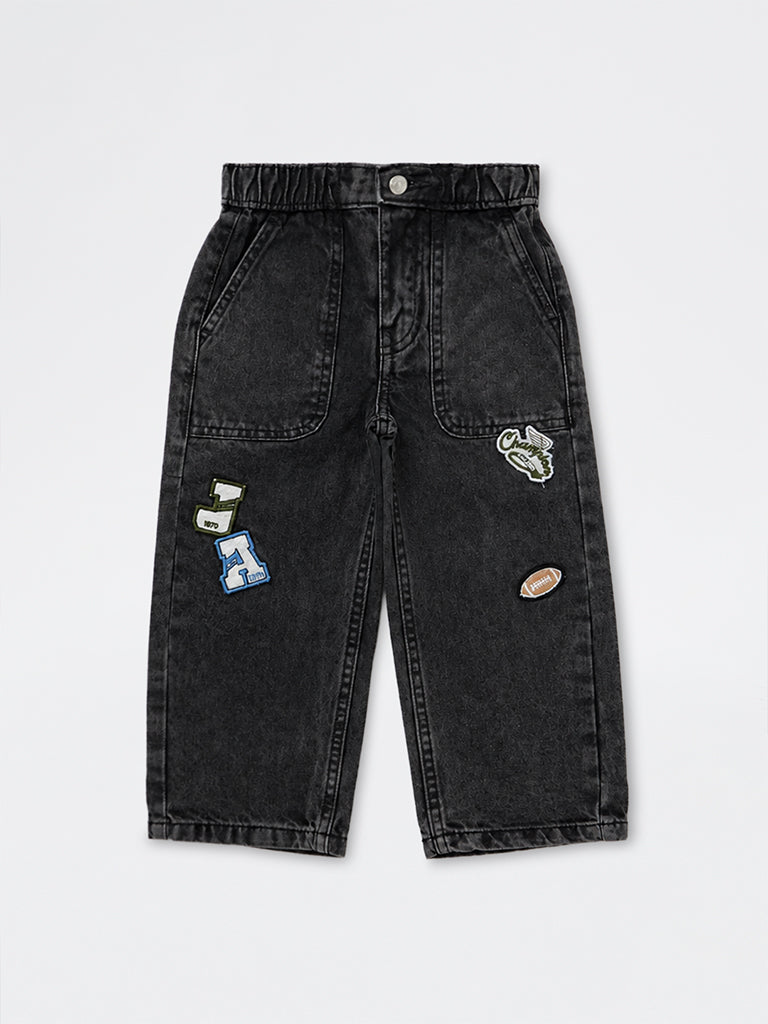 HOP Kids Boys Charcoal Patch-Detail Mid-Rise Jeans