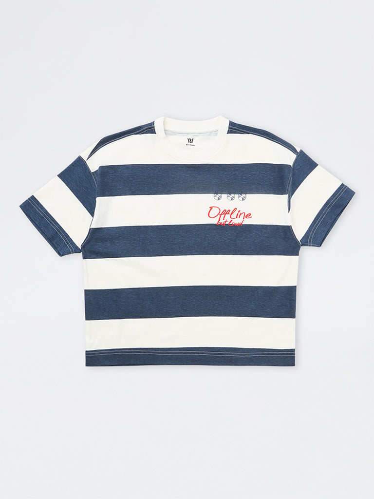 Boys Navy Striped Cotton T-Shirt