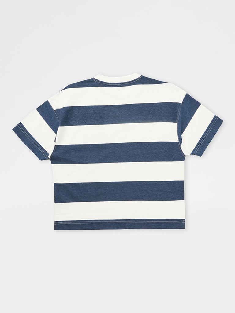 Boys Navy Striped Cotton T-Shirt