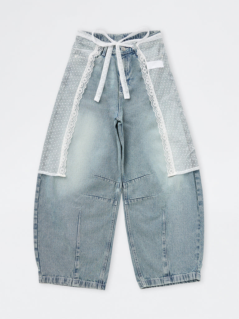 Girls Light Blue Washed High-Waist Barrel-Fit Jeans with a Tie-Up Bandana