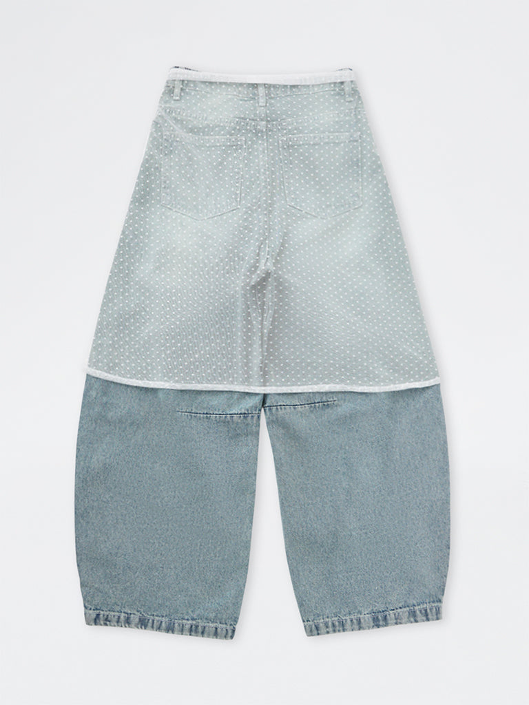 Girls Light Blue Washed High-Waist Barrel-Fit Jeans with a Tie-Up Bandana