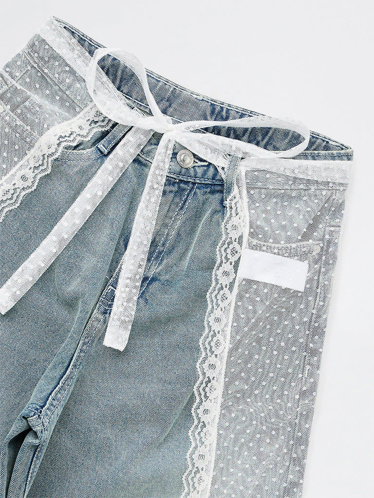 Girls Light Blue Washed High-Waist Barrel-Fit Jeans with a Tie-Up Bandana