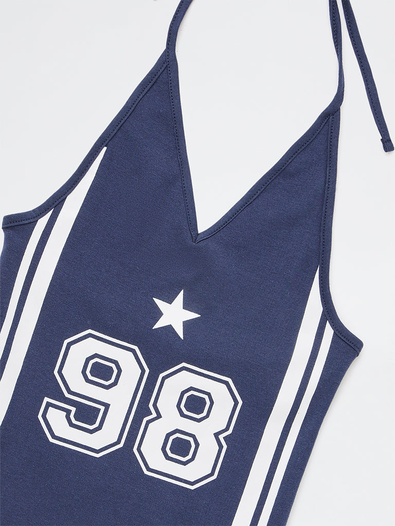 Girls Navy Numerical Printed Halter-Neck Cotton-Blend Top