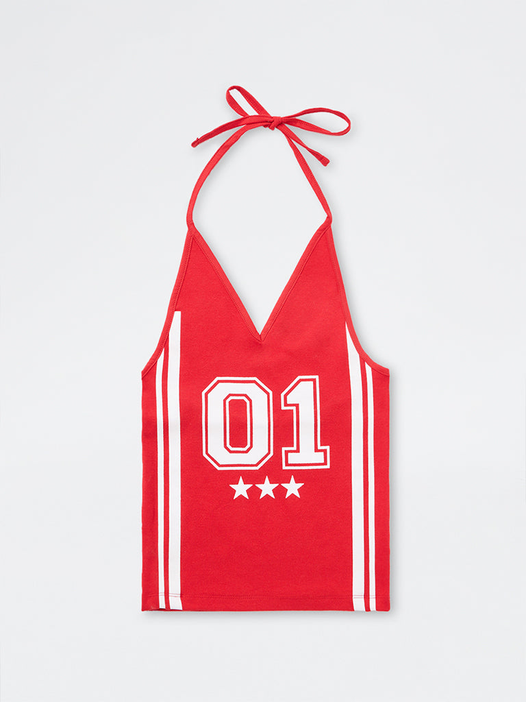 Girls Red Numerical Printed Cotton-Blend Top