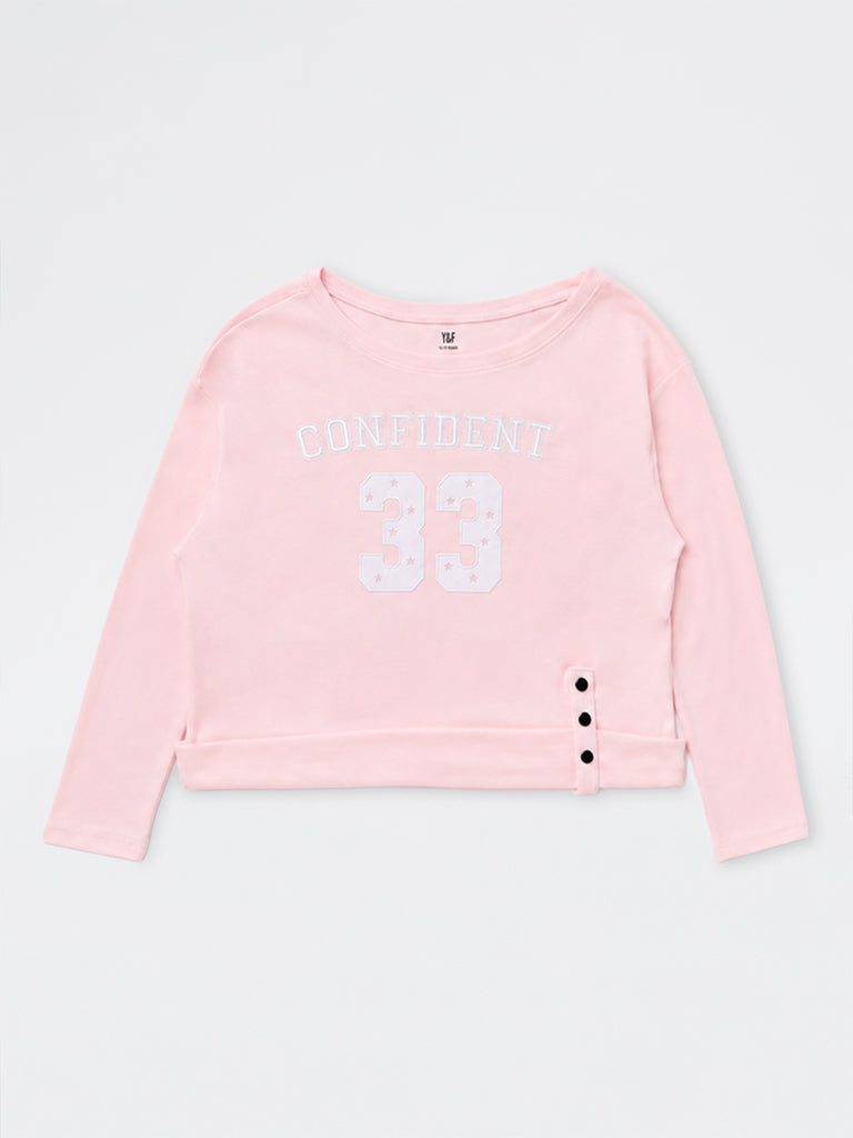 Girls Light Pink Embroidered One-Shoulder Cotton T-Shirt