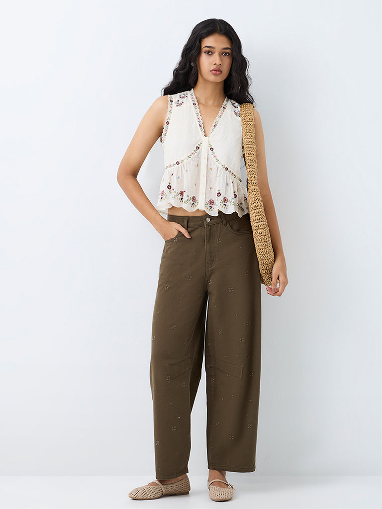 Bombay Paisley Olive Embroidered Barrel-Fit High-Rise Jeans