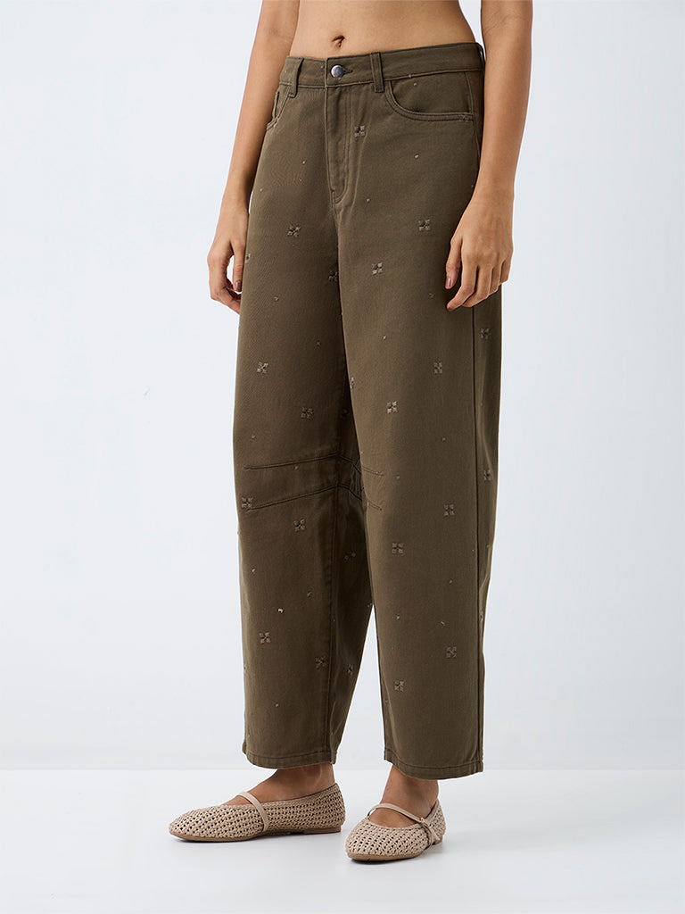 Bombay Paisley Olive Embroidered Barrel-Fit High-Rise Jeans