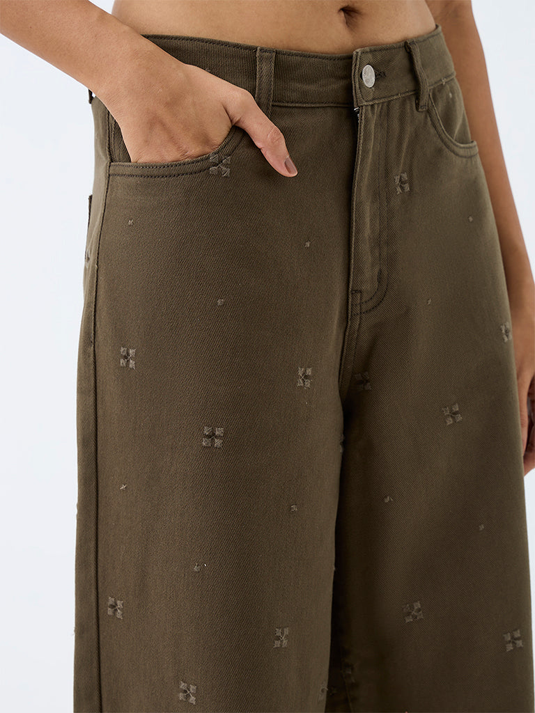 Bombay Paisley Olive Embroidered Barrel-Fit High-Rise Jeans