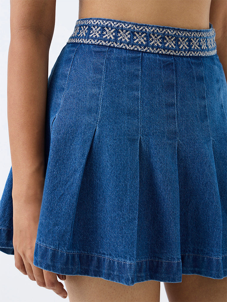 Bombay Paisley Blue Embroidered Pleated Denim Skirt