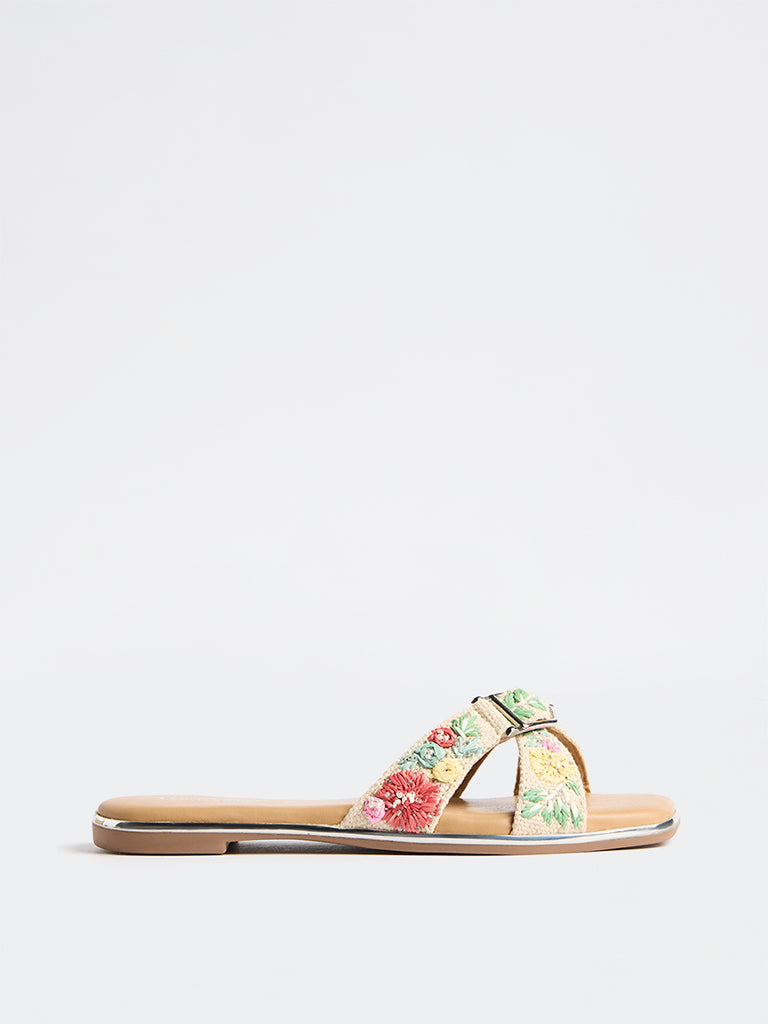 LUNA BLU Multicolour Floral Embroidered Criss-Cross Slides