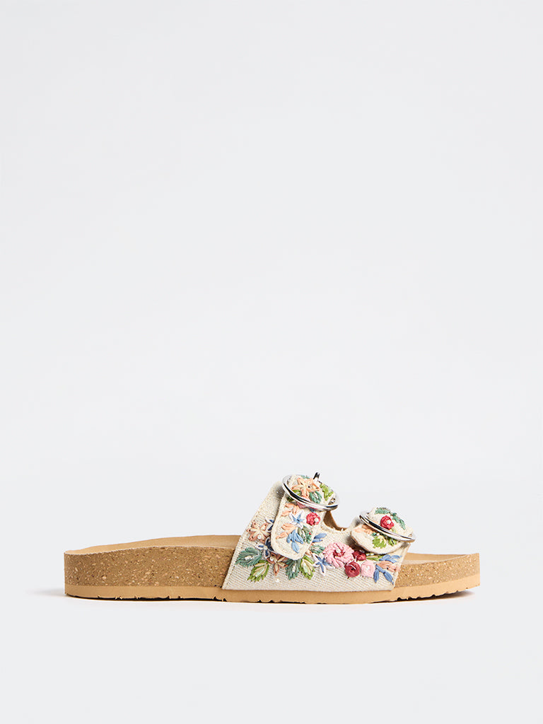 LUNA BLU Pink Floral Embroidered Dual-Strap Sandals