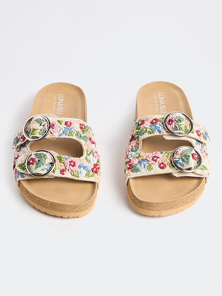 LUNA BLU Pink Floral Embroidered Dual-Strap Sandals