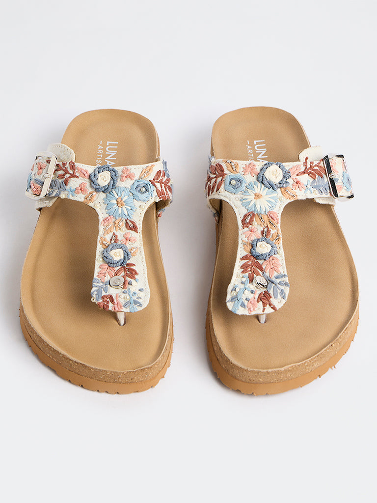 LUNA BLU Blue Floral Embroidered Thong-Strap Sandals