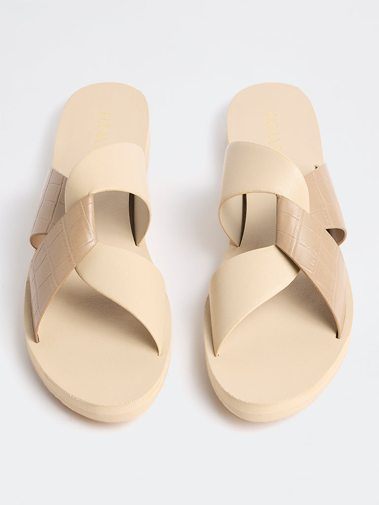 LUNA BLU Light Beige Lock Pattern Slides